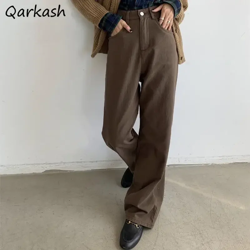 Jeans Women Brown Korean Style Full Length Pocket Design All-match Straight High Waist College Casual Denim Spring Trousers Chic