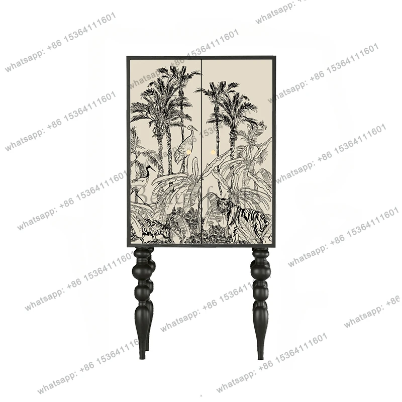 

French Nanyang Jungle Household High Foot Cabinet Bedroom Double-Door Solid Wood Retro Living Room Storage Cabinet