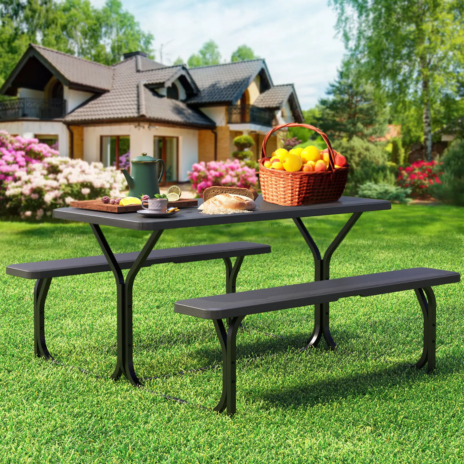 Outdoor Picnic Table Bench Set Steel Frame 4.5ft Picnic Party Camp Dining desk table  camping table for Yard Patio Lawn Party