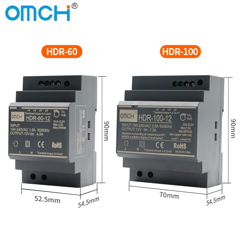 OMCH HDR 시리즈 DIN 레일 스위칭 전원 공급 장치 HDR-15 100-240VAC 15W 30W 60W 100W AC-DC 전압 5V 12V 24V 48V 0-7.1A SMPS