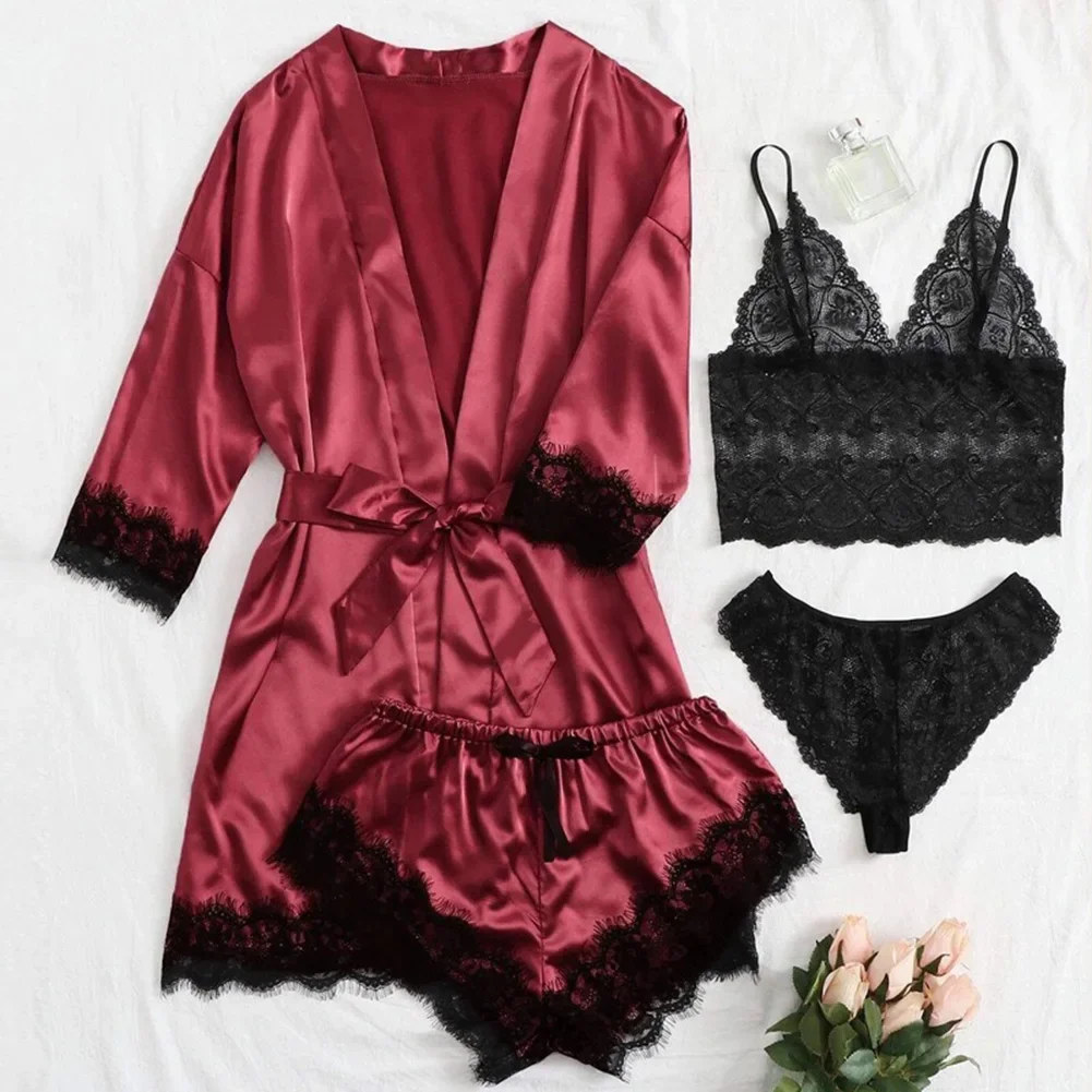 

4 Pieces Women Sleepwear Pajamas Ser With Robe Sexy Lace Lingerie Bathrobe Silk Satin Home Clothed Nightwear Robe Underwear