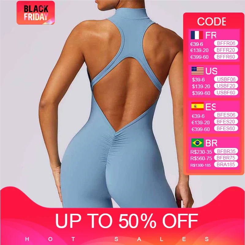 

Sleeveless Zip Front Sports Jumpsuits High Neck Scrunch Fitmess Bodysuits Open Back Workout Romper Yoga Set Outfits Sportswear