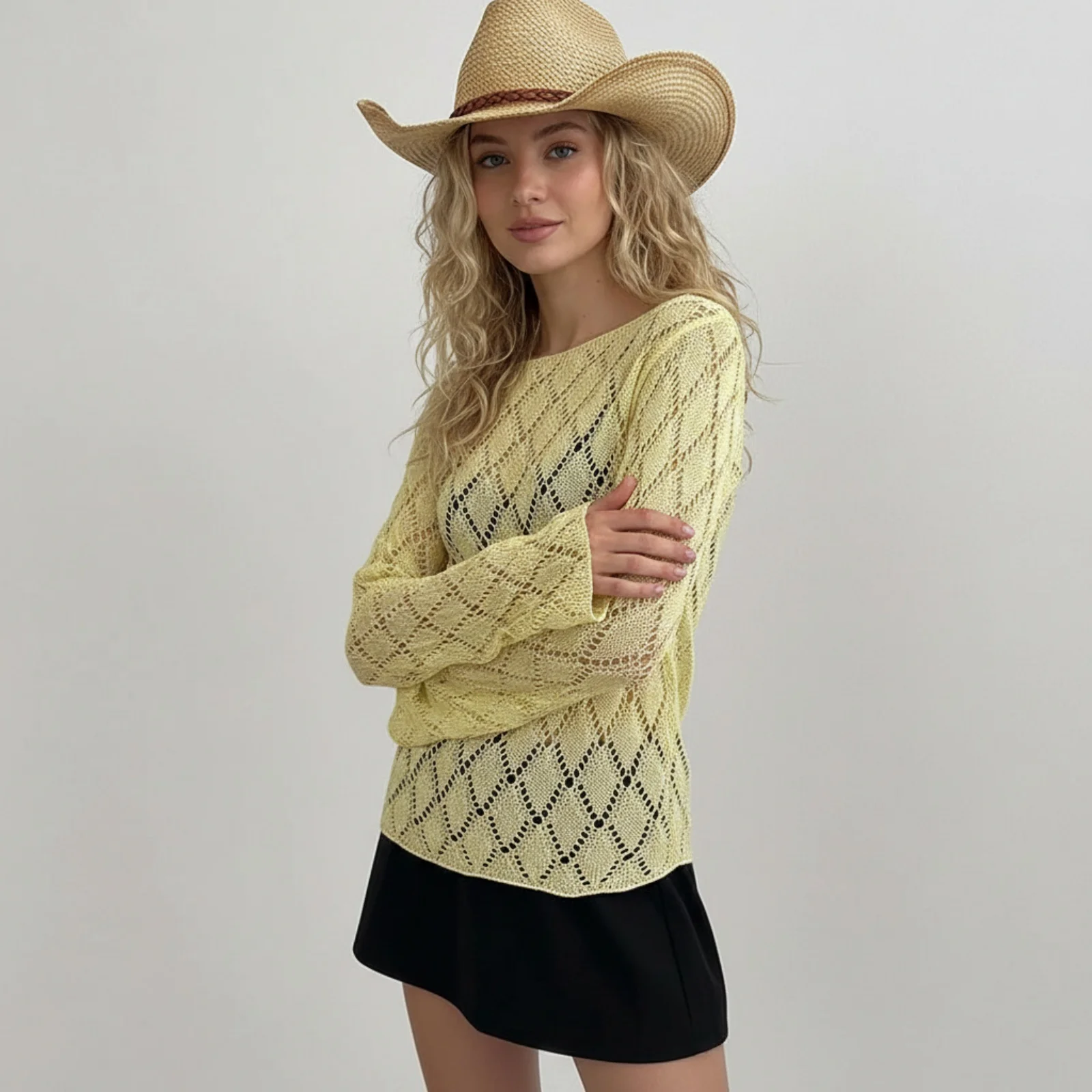 Women Long Sleeve Spring Summer Solid Color Knit Tops Boat Neck Diamond Pattern Slim Fit Sweater Loose Pullovers