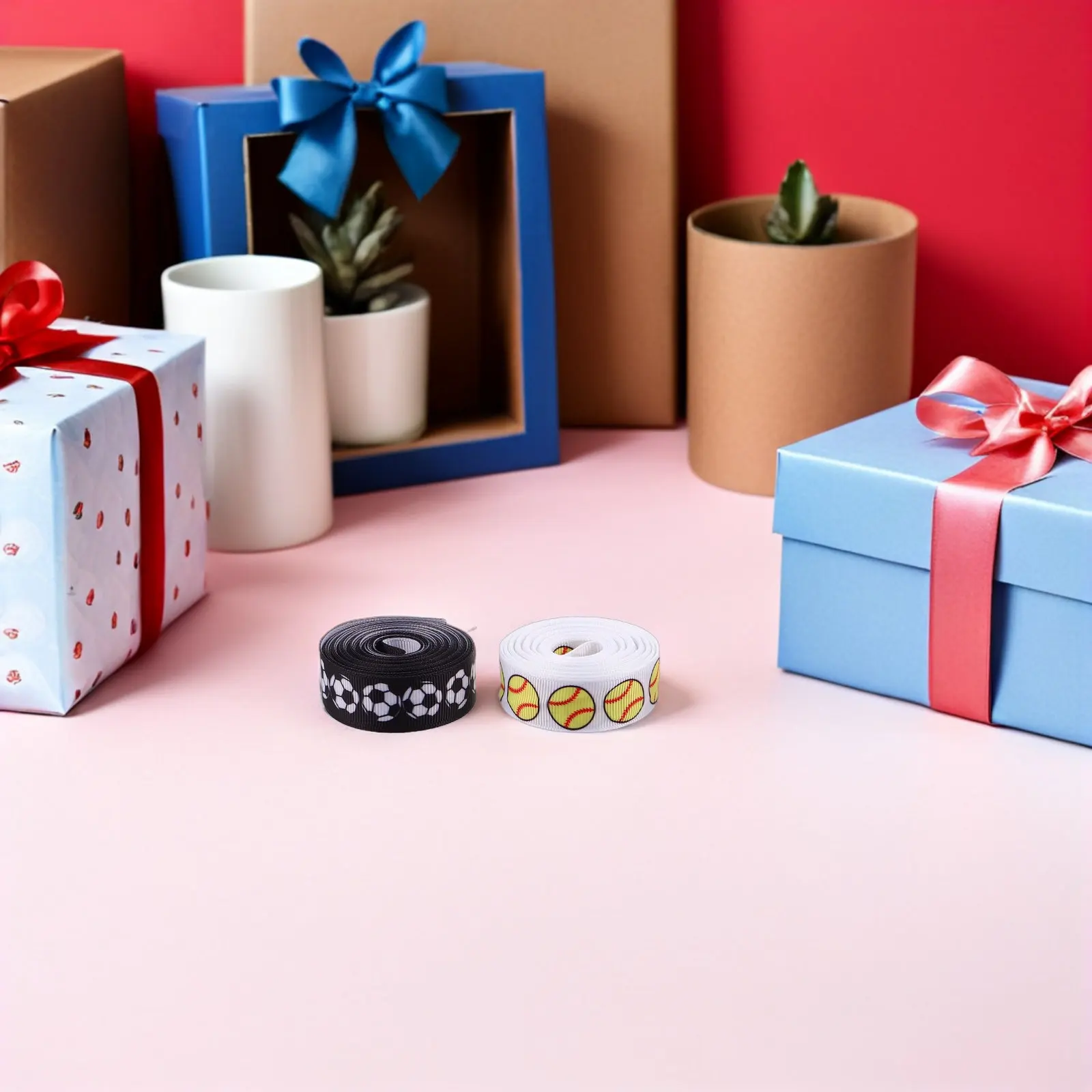 4 Rolls Sports-Themed Ribbon 0.8 Inch Yards Polyester Football Basketball Rugby Baseball Decorative Ribbon for Tournament