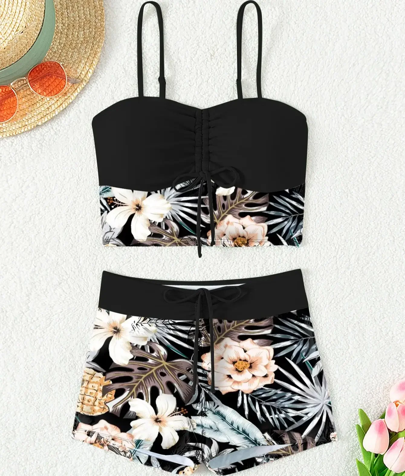 Ensemble Tankini à fleurs imprimées pour femmes, maillot de bain fille, sangle réglable, glaBra, short à fleurs, bikini, string de proximité, ensemble de plage