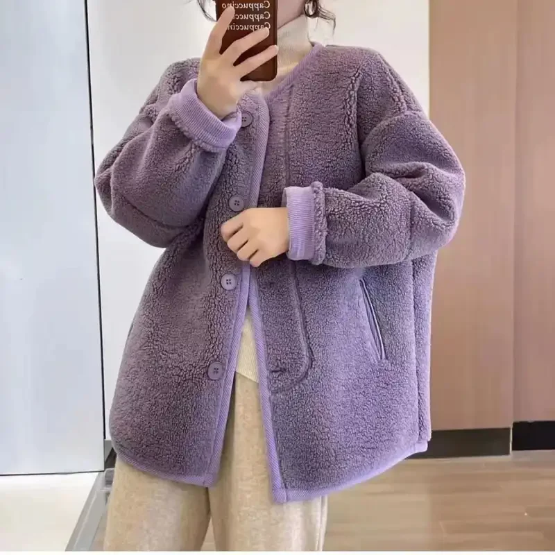 Women's Leather Sheep Fur Patchwork Jacket Korean Loose Thick Lazy Style Winter Coat
