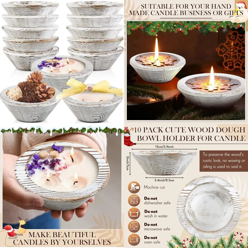 

Wooden Dough Bowls Set of 10 for Candle Making, Passover, Vintage Round Carved Wood Bowls, Ideal for DIY Crafts, Home Decoration