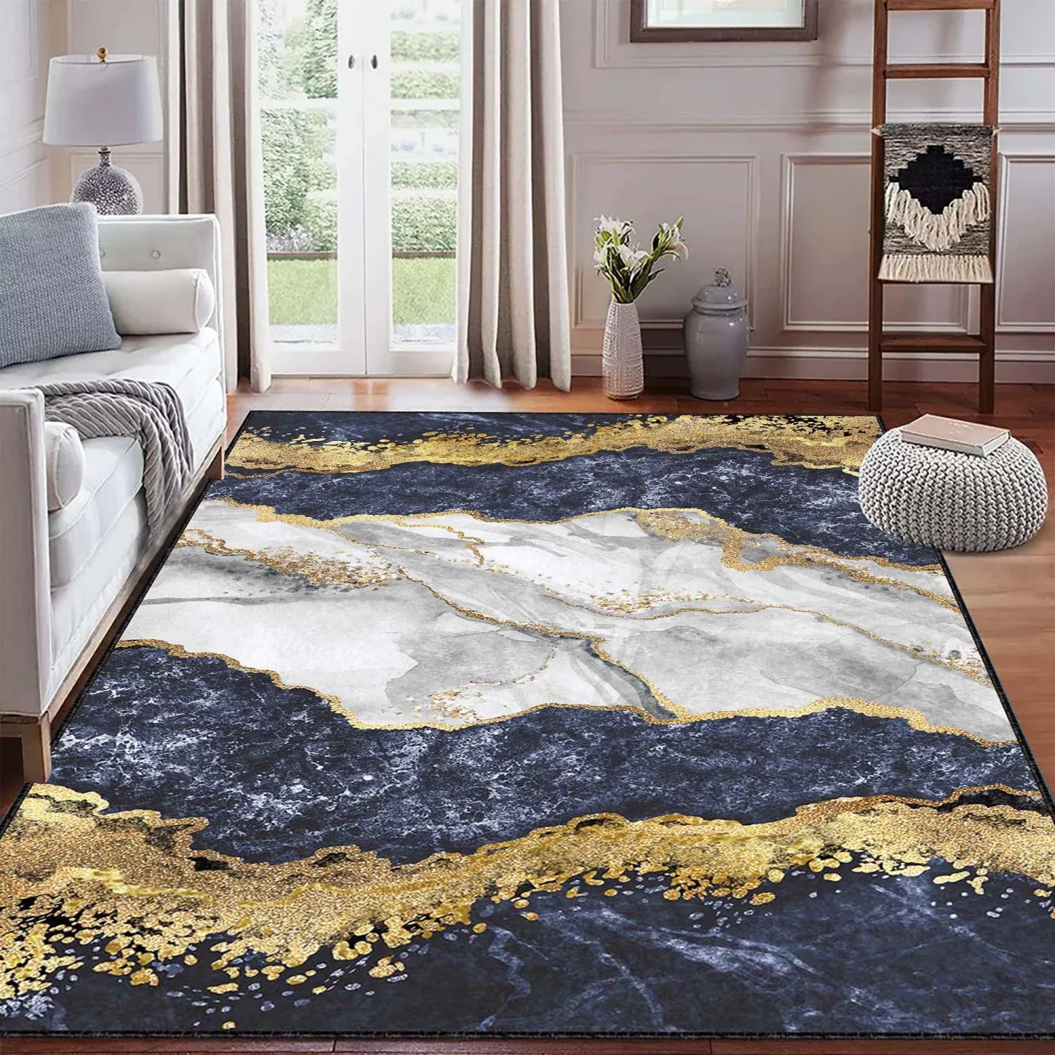 Printed Rug Abstract - พรมตกแต่งห้อง พรมลายหินอ่อนแบบนามธรรม พรมลายหินอ่อนพิมพ์ดิจิทัลพร้อมลวดลายสีทองทันสมัย