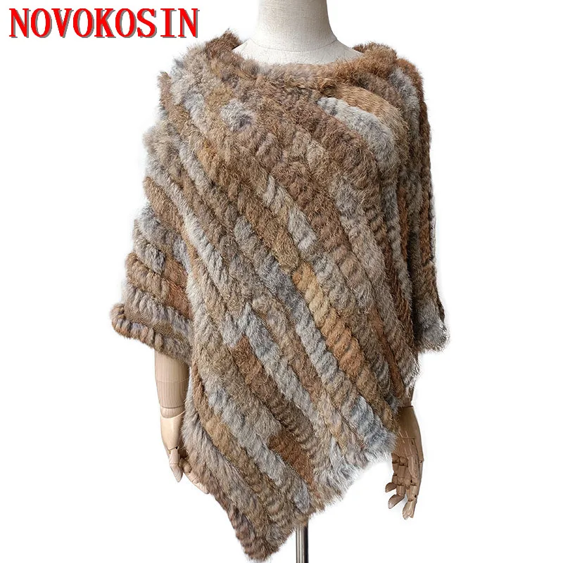 Women Knit Real Rabbit Fur Striped Triangle Poncho Winter Out Street Wear Shawl Coat Batwing Sleeves Loose Pullovers Capes