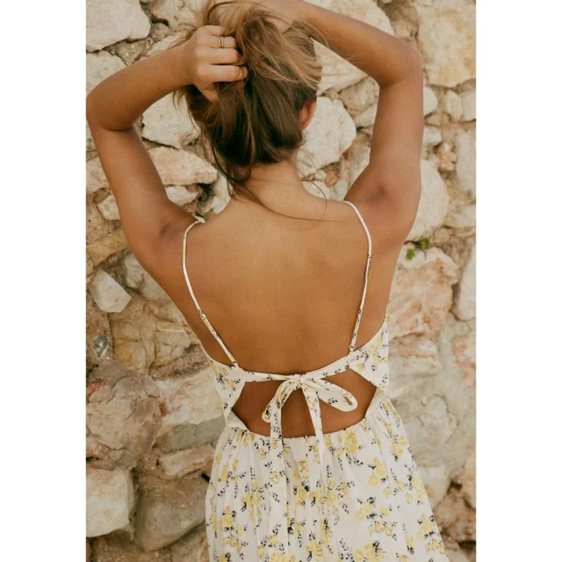 Vestido Midi F Novo de Verão com Decote Coração, Decoração em Camadas, Estampa Floral, Seda Casual, Cintura Alta, Fibr...