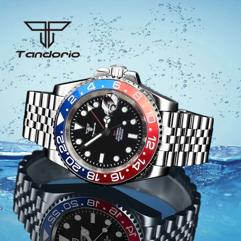 Tandorio NH34A GMT 200m Waterproof Automatic Wristwatch for Men 120 Clicks Rotating Bezel Sapphire Glass Auto Date Screw Crown