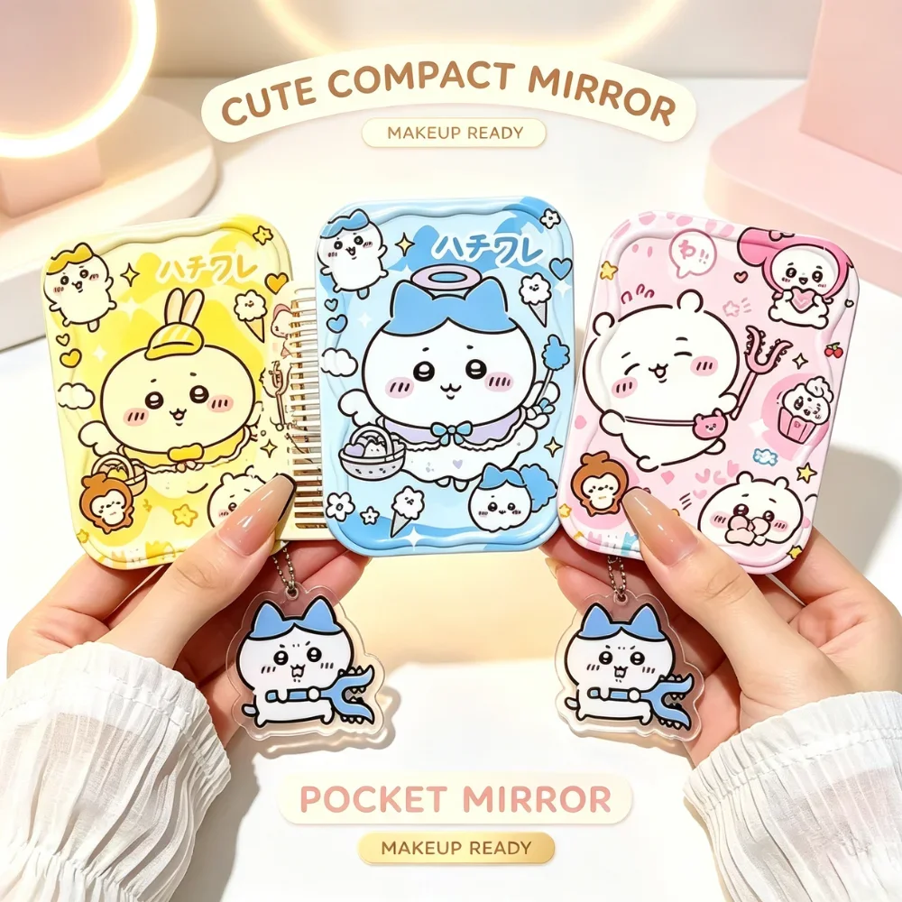 Kawaii Chiikawa Usagi Hachiware Foldable Pocket Mirror With Built-in Hair Comb, Portable Travel Cosmetic Mirror Accessory