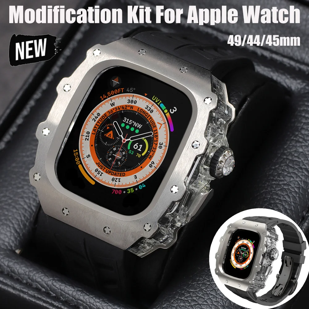 Modification Kit For Apple Watch Ultra11 10 9 8 7 49mm Titanium Alloy+Transparent Case Rubber Band 44/45mm Refit Mod