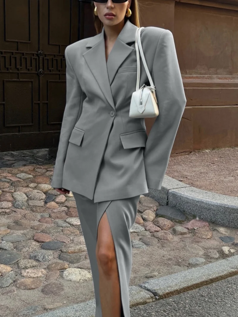 

Elegant 2 Piece Sets Women Outfit Fall Clothes Women Long Sleeve Blazer Top High Split Skirt Suits OL Style Two Piece Dress Sets