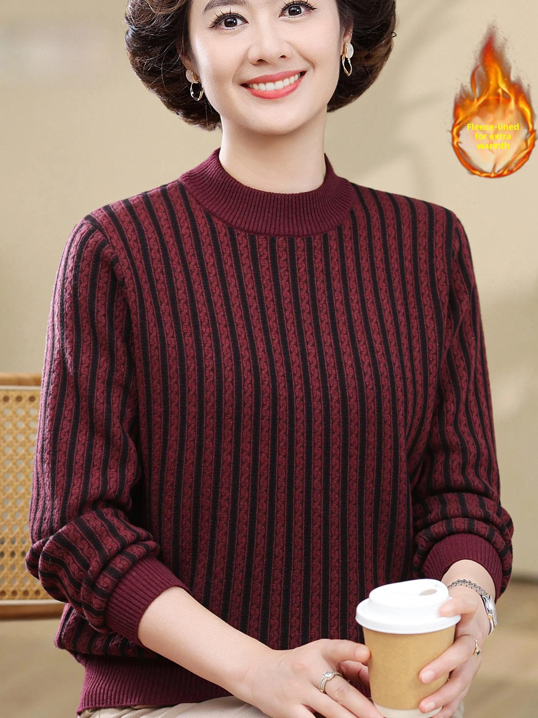 

Warm Fce Lined Knit Sweater f High Collar Striped Women's Faionable Base Layer Velvet Versatile Top for Eld...