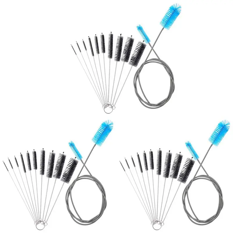 AB13-3X Aquarium Filter Brush Set, Flexible Double Ended Bristles Hose Pipe Cleaner With Stainless Steel Long Cleaning Brush
