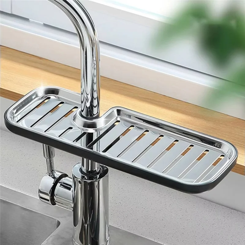A03F-Longer Version Sink Faucet Organizer Stainless Steel Kitchen Faucet Sponge Holder Soap Dish Rack