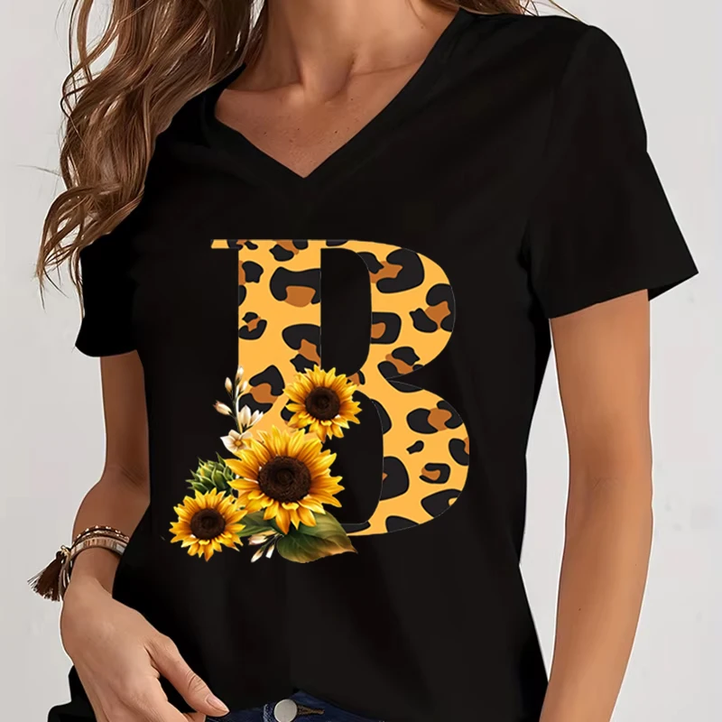 Women's V-Neck T-Shirt Sunflower Leopard Print Letter B Tee Top Floral Animal Print Initial Casual Tee A-Z 26 Alphabet Clothes