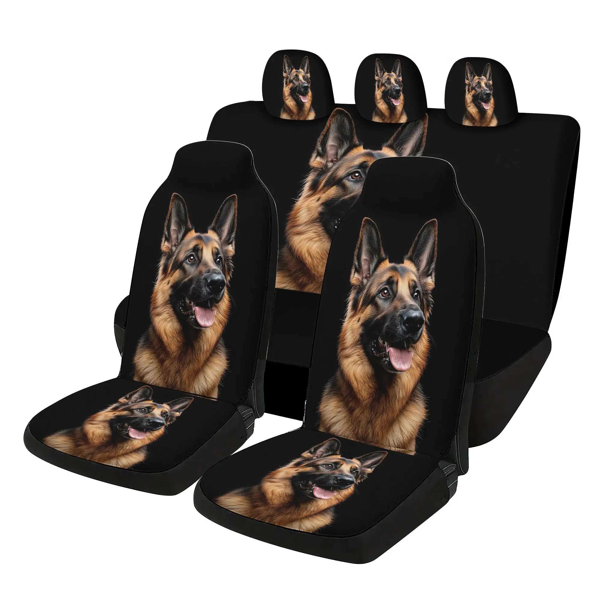 7pcs 2D Printed German Shepherd Print Car Seat Covers Set, Includes 2 Front + 1 Rear Bottom Cushion + 1 Rear Backrest + 3 Headre