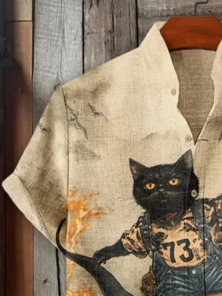 Men's Cat Holding Basketball And Riding Dinosaur Art Print Casual Shirt Harajuku Streetwear Short Sleeve Lapel Collar Tunics Man