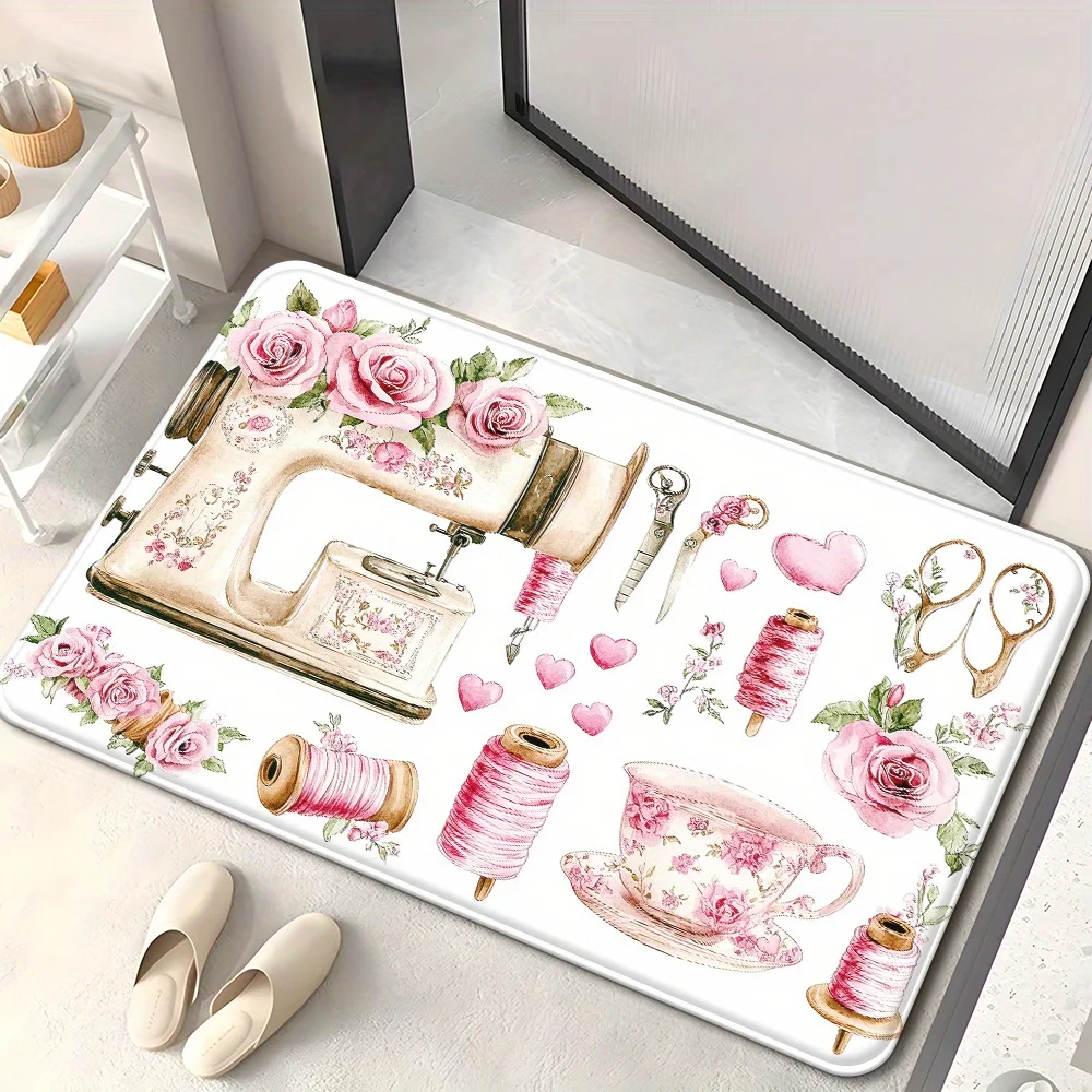 

Romantic Vintage Sewing Machine and Roses Doormat Entrance Mat for Craft Lovers Gifts Sewing Room Decor 40x60cm