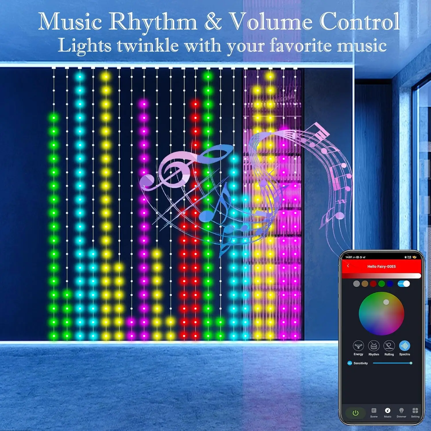 Smart LED Curtain Lights USB,400 LED Dynamic Pattern DIY Curtain String Lights with App & Remote for Bedroom
