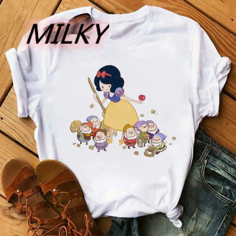 Summer New Snow White and the Seven Dwarfs Pattern Printed T-shirt Y2K Women's Loose White Tops Kawaii Cute Round Neck T-shirt