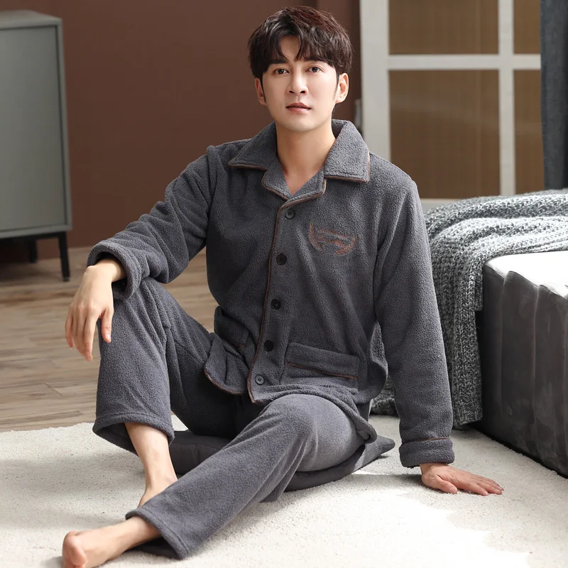 

Plus Size M-4XL Winter Men Pajamas Set Thick Warm Flannel Pyjama Male Long Sleeve Turn-down Collar Sleepwear