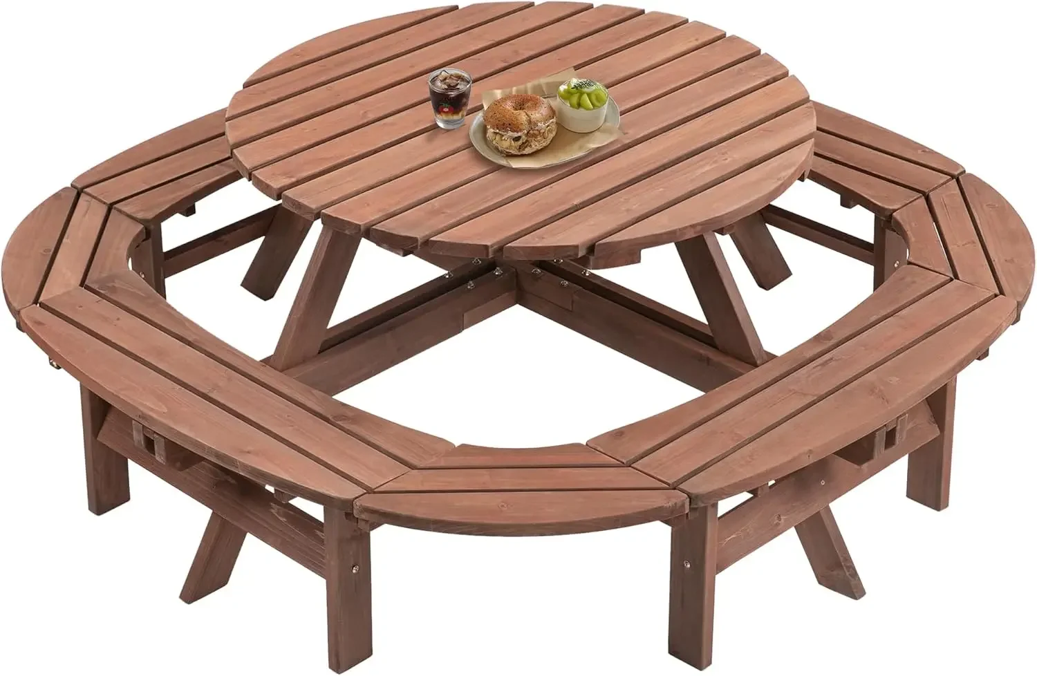 

Round Wooden Picnic Table With Benches Umbrella Hole Outdoor Table Bench Set For Patio Garden Backyard Deck Porch