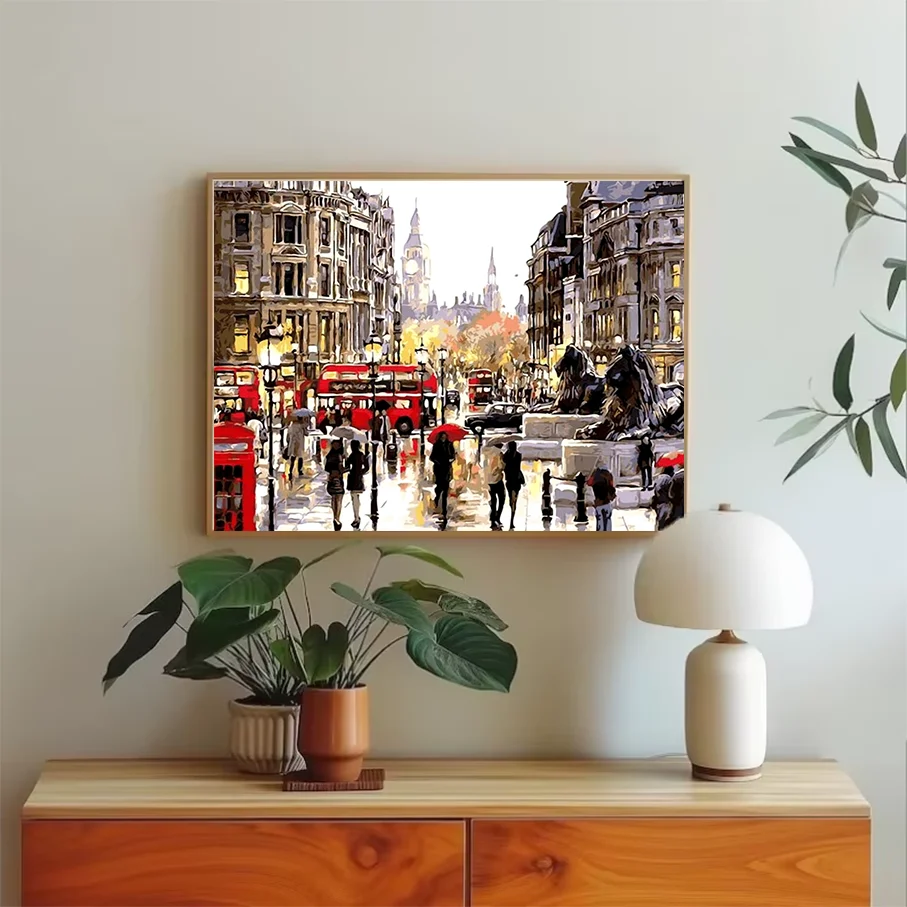 London Street Canvas Wall Art Painting Trafalgar Square Big Ben Red Bus Oil Picture Home Decor Living Room Frame