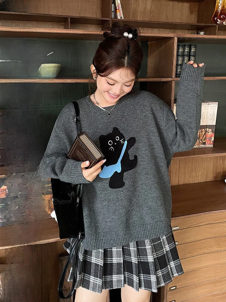 

Winter Outfit Set Large Size Women's ey Miu System Sweater Plaid Skirt Two Piece Set Korean Sle Loose Fit Soft Knitwear