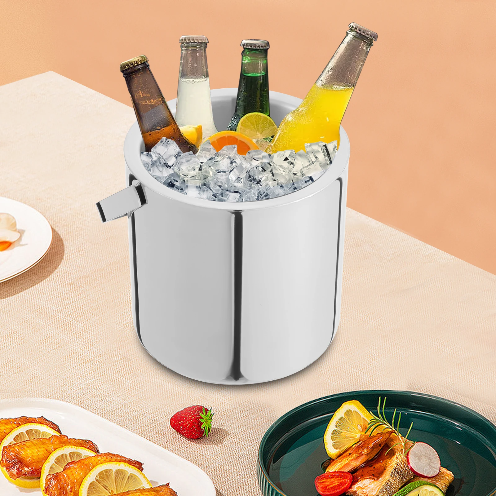 

1.3L Ice Bucket 304-grade Stainless Steel Removable Strainer Portable Barrel Convenient and Labor-saving Built-in Ice Tong