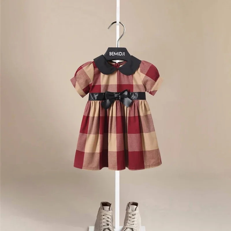 Summer Sisters Short Sleeves Dress Casual Cotton Clothes Plaid Striped Big Bow Princess Dress for Baby Girls Kids 1 To 11 Years
