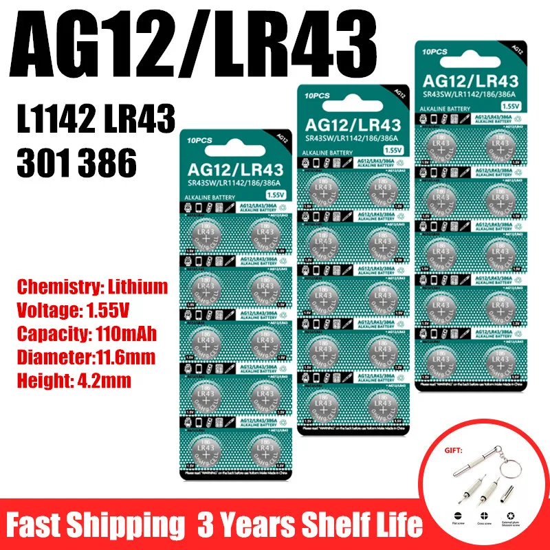 10-100Pcs AG12 LR43 Watch Batteries Premium Alkaline 1.55V SR43W LR43W 386 CX186 Button Cell Battery for Toys Electronic Devices