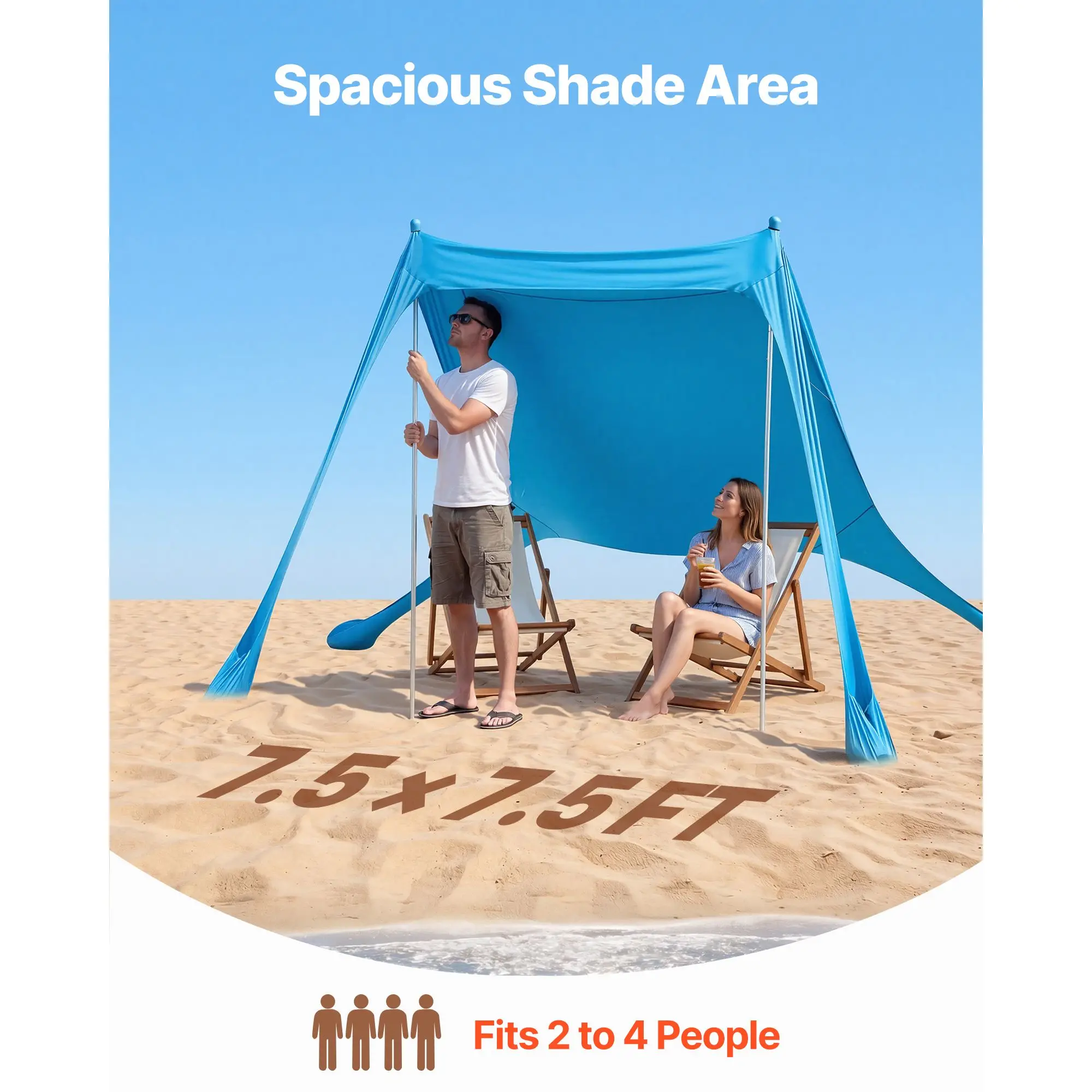 Beach Tent Sun Shelter, UPF50+ Protection, 6.6 ft Tall, 7.5x7.5 ft, Easy Pop Up Canopy with Sandbags, Stability Poles, Sand