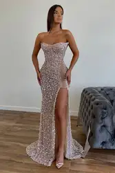 Chic Sequin Floor Length Strapless A-Line Front Slit Ball Gown Luxurious Sparkling Special Event Evening Gown فساتين السهرة