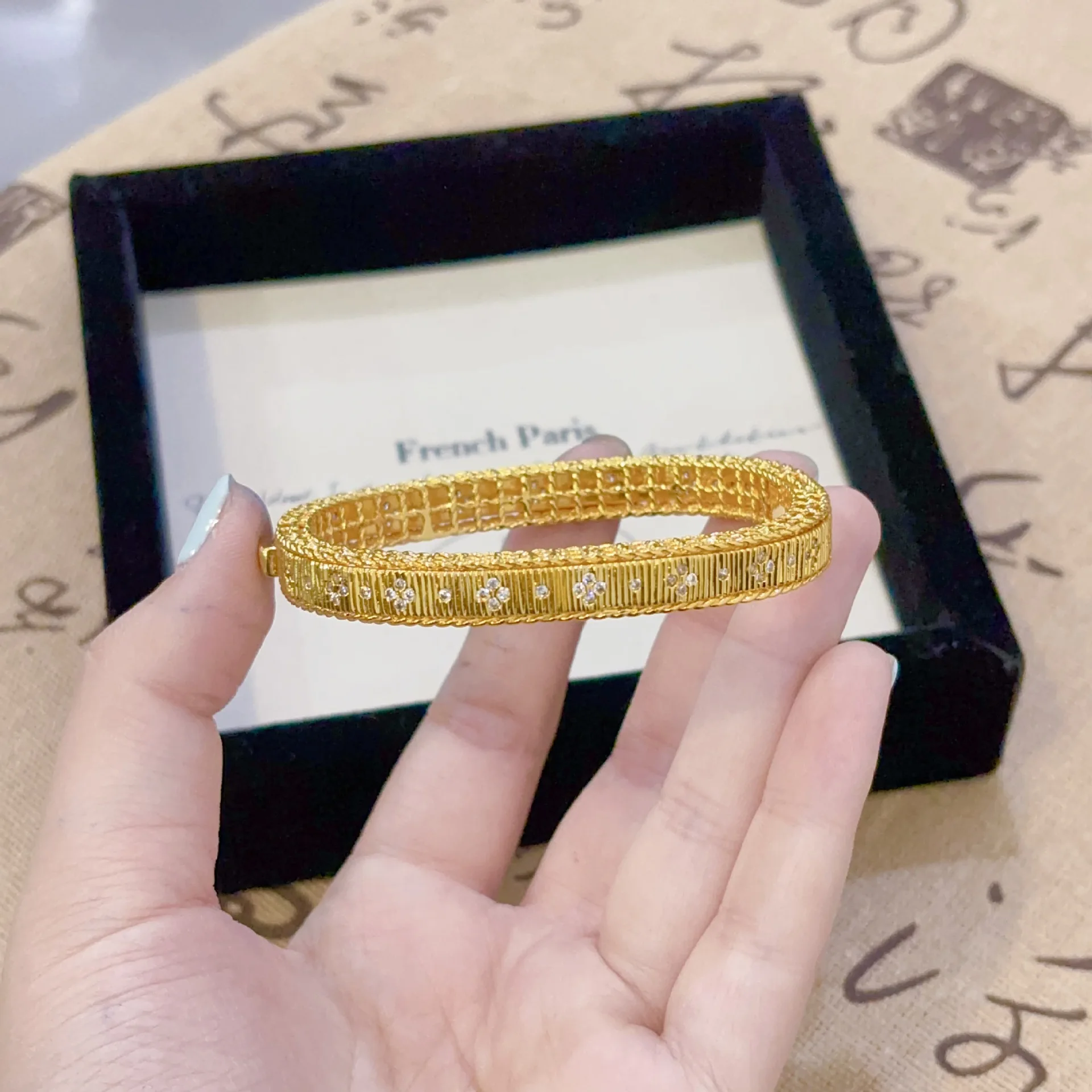 Luxury 24K 9999 Pure Gold real gold Women's Brushed Diamond Buckle Bracelet Square Stud Earrings - Image 2