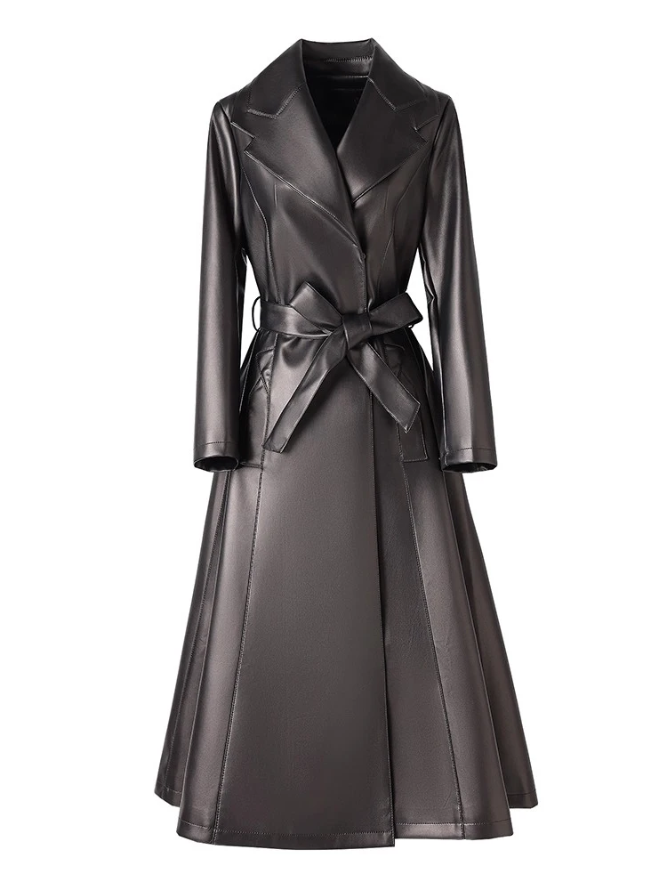 New Women Split Leather Coat Spring Autumn Fashion Large Lapel Slim Waist With Belt Long Trench Elegant Leather Coat Female