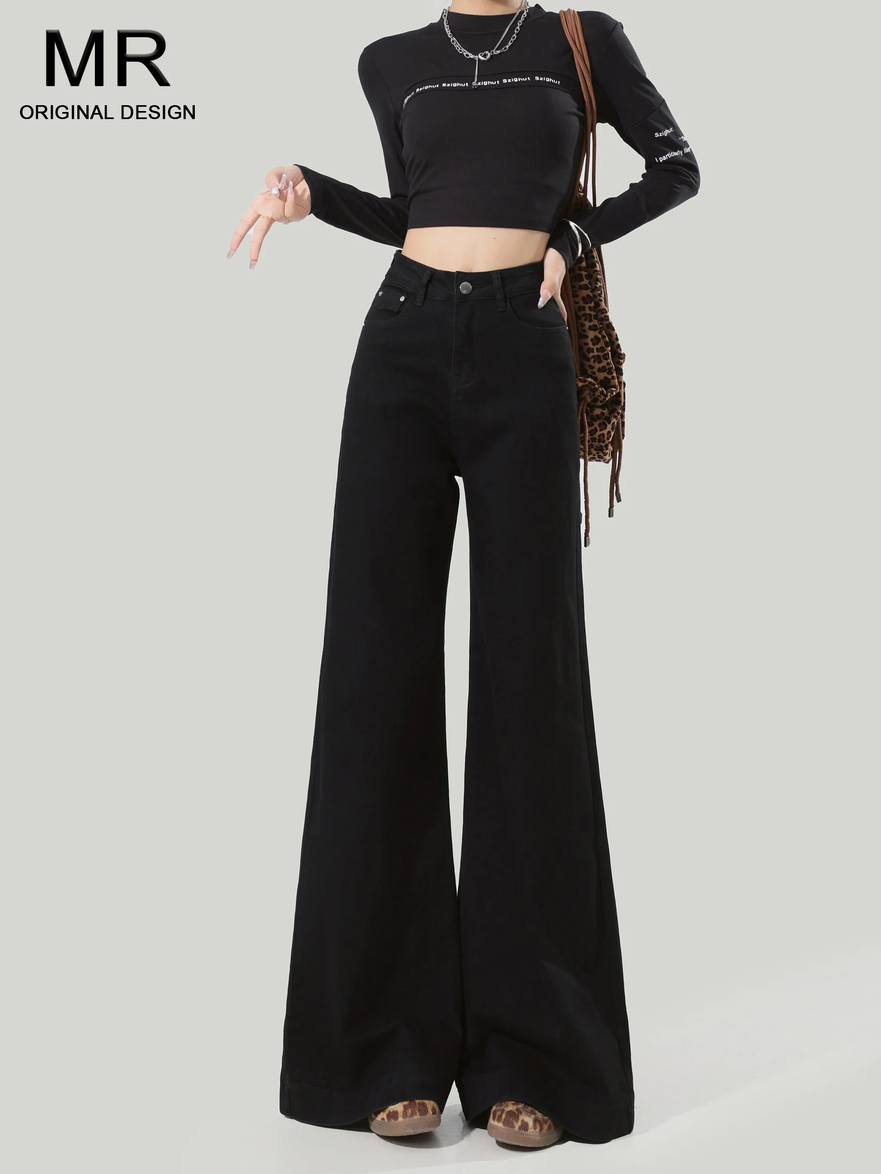 High Waist Wide Leg Black Denim Jeans Women's Loose Slimming Straight Micro Flared Pants Retro Style Button Pocket Wear Resis...