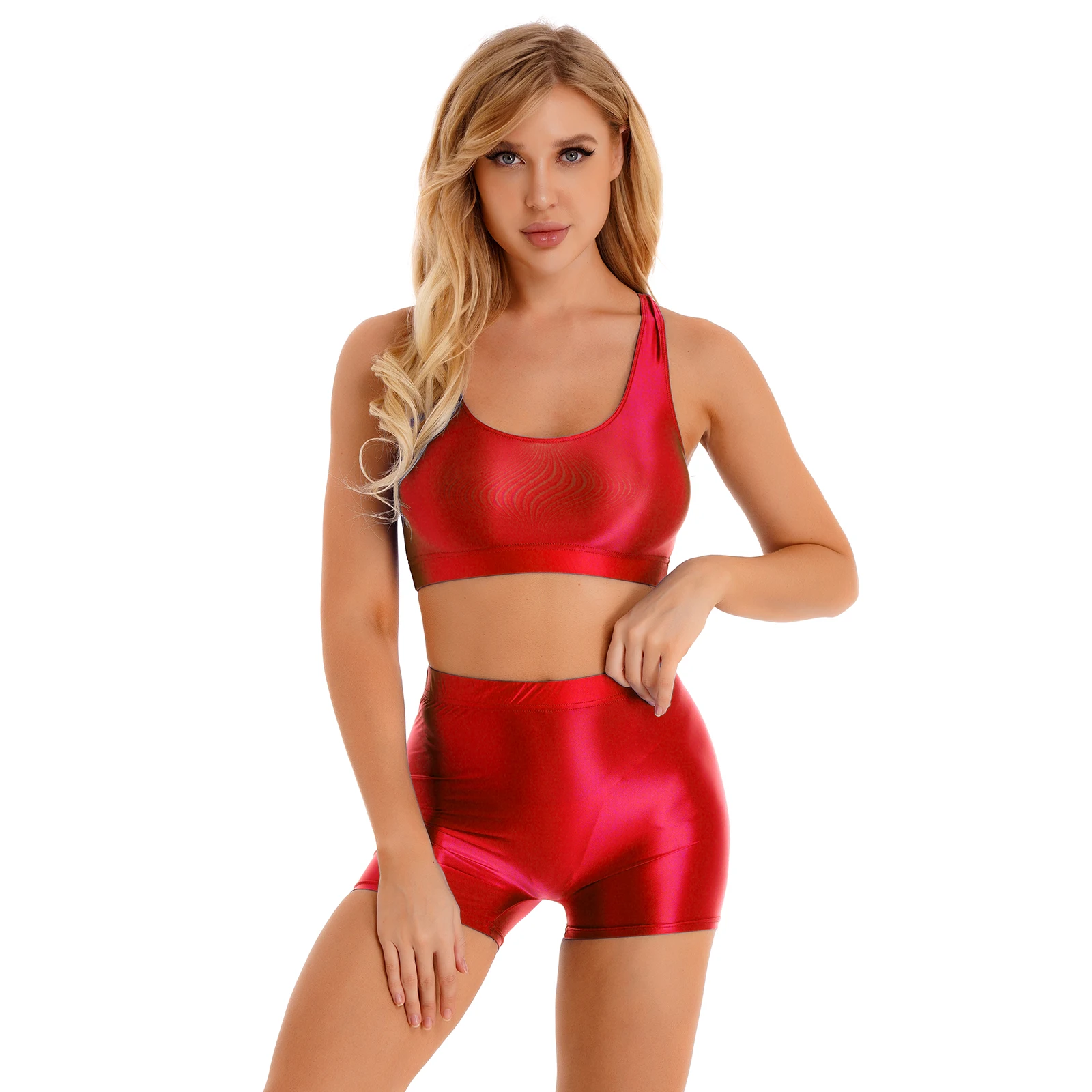 Womens Sleeveless Tank Top with Shorts Set Sexy Glossy Swim Suit for Sports Fitness Yoga Swimwear Pole Dance Clubwear