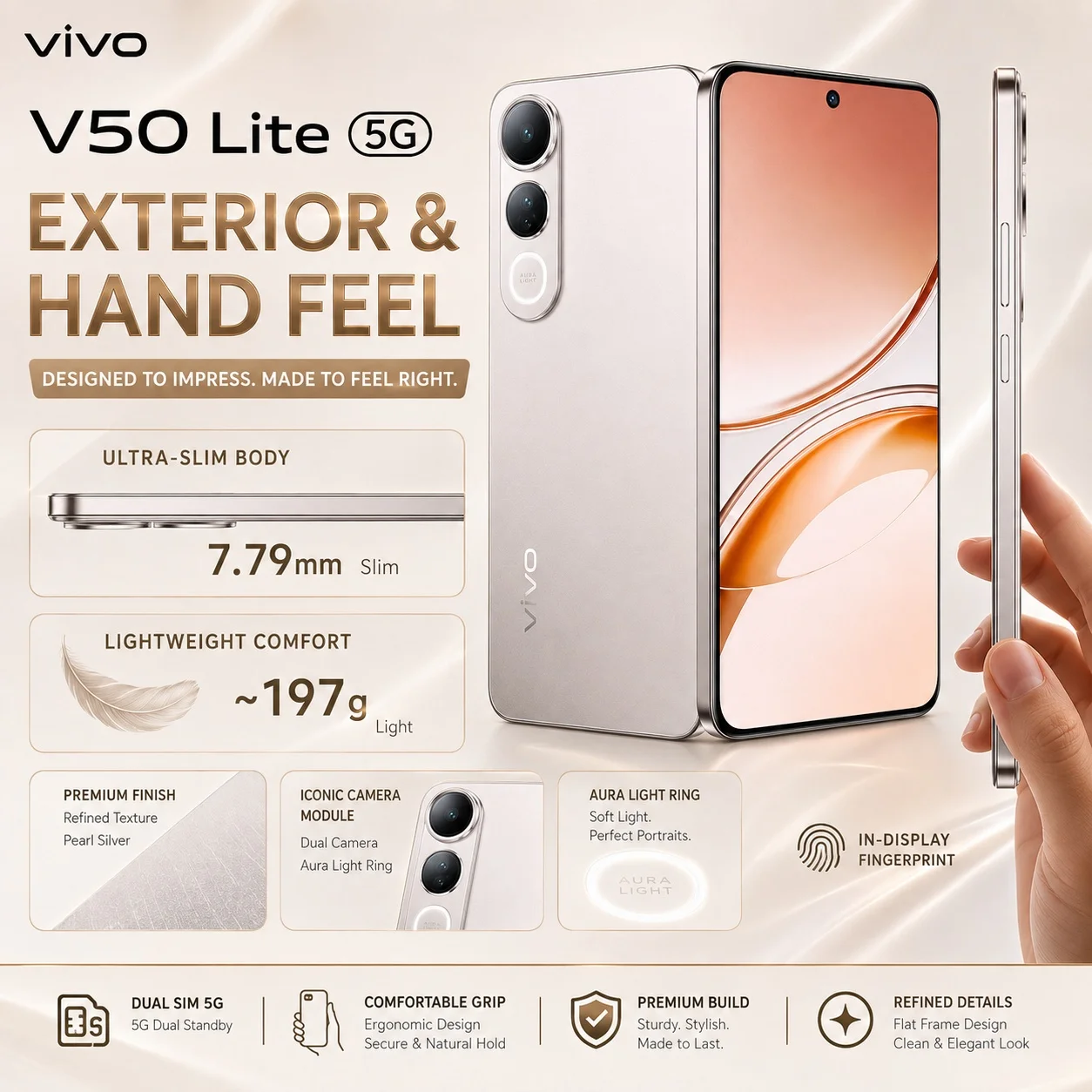 2026 new VIVO V50 Lite 5G Premium Smartphone 8GB+256GB Dimensity 6300 32MP Selfie Aura Light 6500mAh Battery 90W FlashCharge
