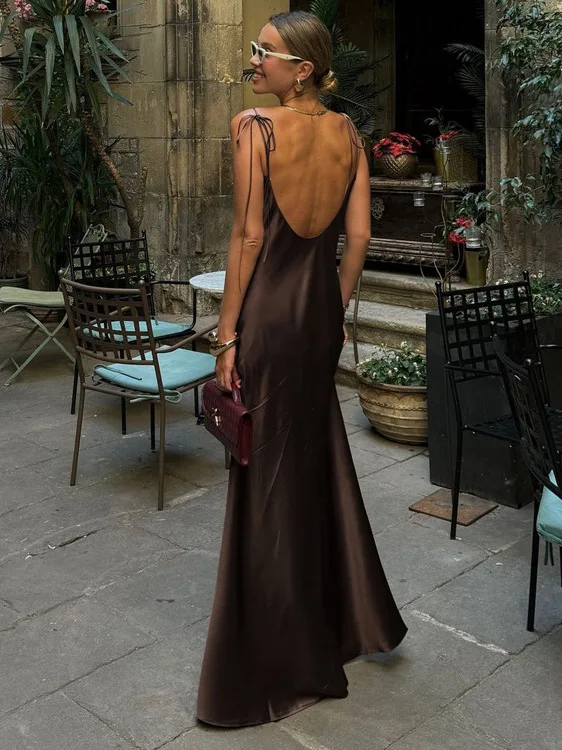 ชุดเดรสยาวผ้าซาตินสำหรับผู้หญิง สไตล์วินเทจ เอวสูง ทรงเข้ารูป ผ้าบางเบา เหมาะสำหรับฤดูร้อน ชุดเดรสทำงานสำหรับสุภาพสตรี