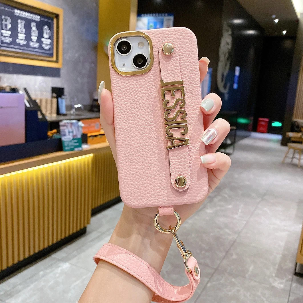 Personalized Leather Phone Case Name Letter Diamond Metal Letter Cover with Lanyard iPhone17 16 12 13 14 15ProMax 16 15 14Plus