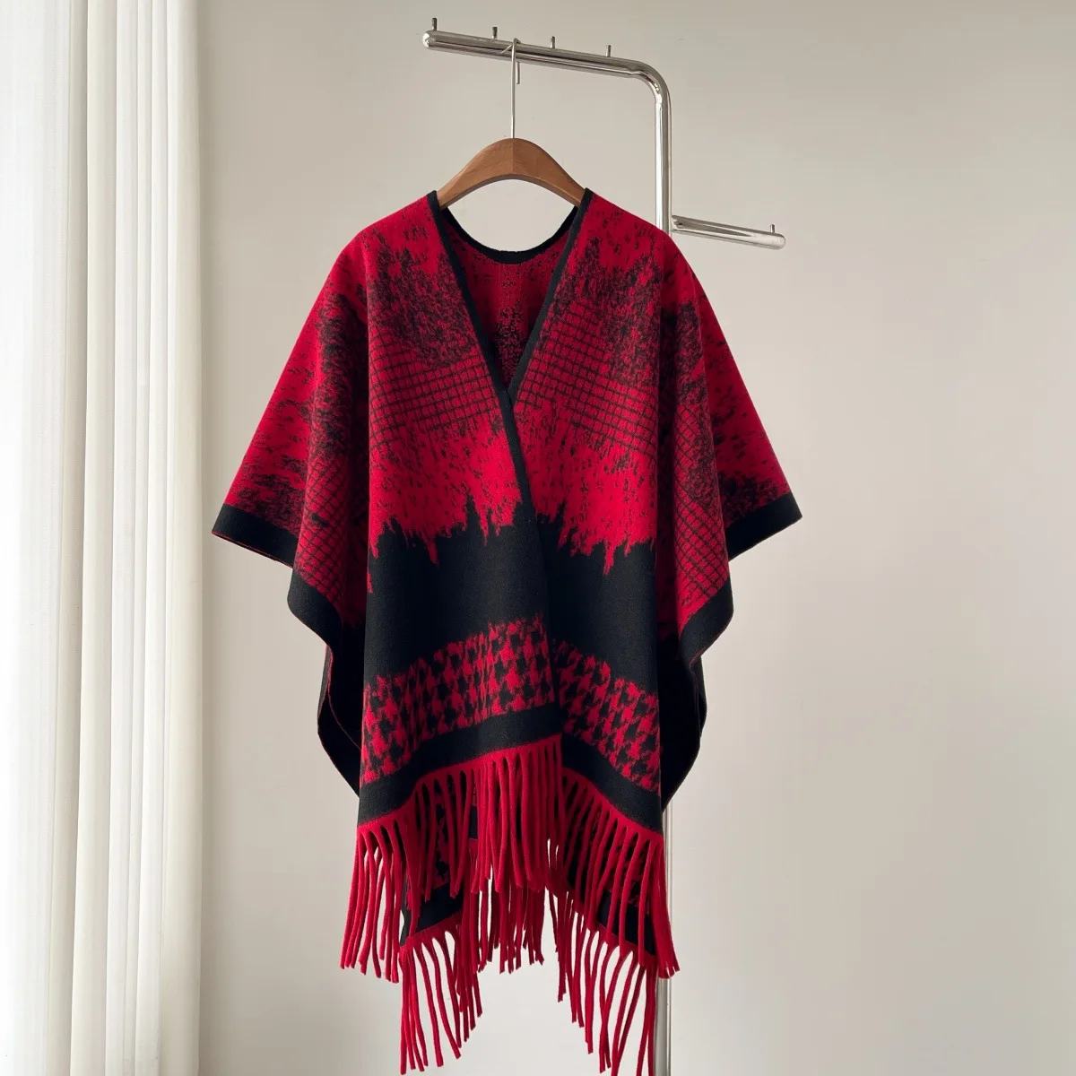 Autumn Winter Poncho Knitwear Oversized Cape Trendy Luxury Fringe Checkered Outerwear Scarf Travel Chic Stylish Wraparound Cloak