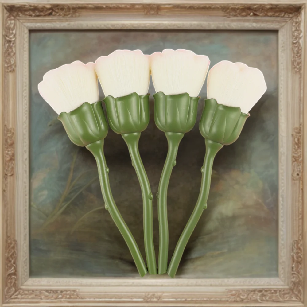 3 PCS Popular Green Matte Acrylic Handle Rose Flower Design White Nylon Nail Cleaning Brush Manicure Dust Removal Brush