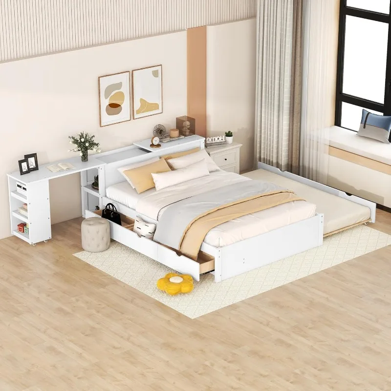 

Wood Full Size Platform Bed w/ Headboard W/Build-in Rolling Desk with Trundle Bed and Storage Drawers,No Box Spring Needed,White