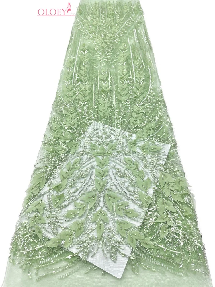 

OLOEY Fashion African Nigerian Beaded Lace Fabric French Sequin Lace Fabric for Sewing Wedding and Party Dresses