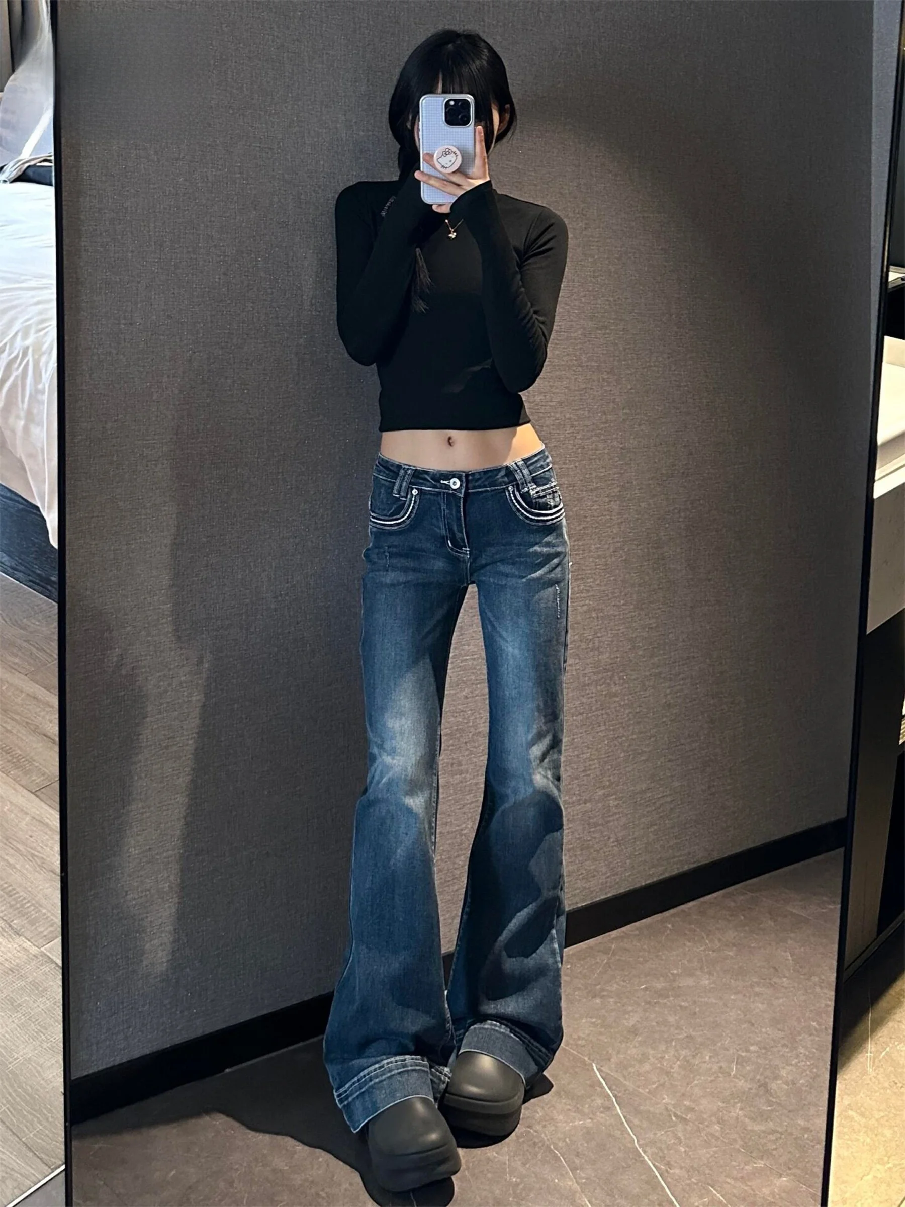 

Женские джинсы-клеш с низкой талией, летняя новинка, темно-синие, в стиле Hot Girl, модные брюки-клеш в американском стиле, повседневные