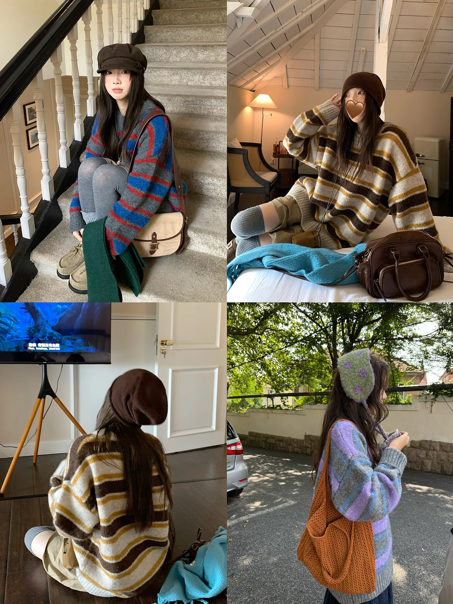 

Soft Striped Knit Sweater Women's Overhead Lazy Loose Sle Color Blo Autumn Spring New Arrival Comfortable Fce-Like Swe...