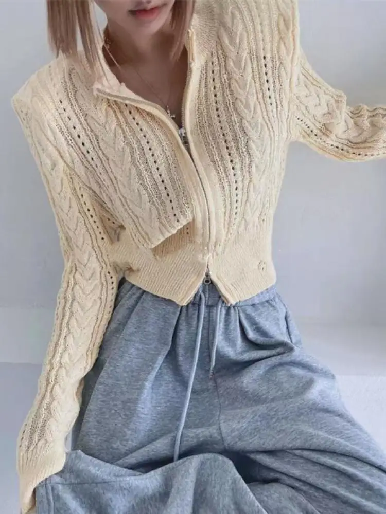 

French Women's Black White Long Sleeve Cardigan O Neck Knit Tops Autumn Winter Pink Yellow Hollow Out Short Zipper Sweaters 2025